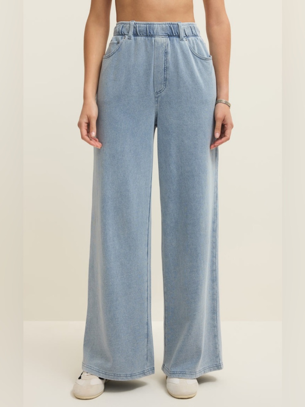 Z Supply ENTOURAGE KNIT DENIM PANT Light Blue Elastic Waist